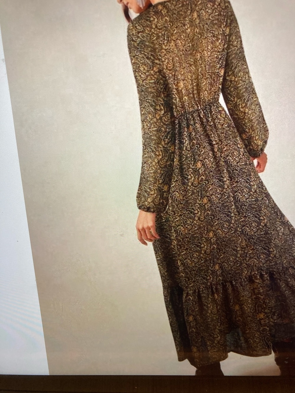 ELAN, paisley Tiered Maxi Dress in Olive Brown medium